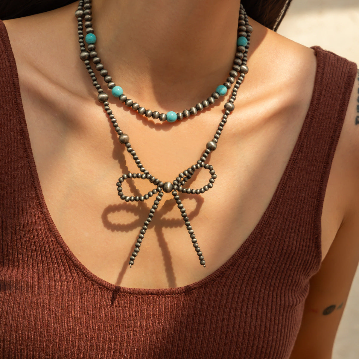 Wholesale Bohemian Layered Turquoise Bow Handmade Necklace